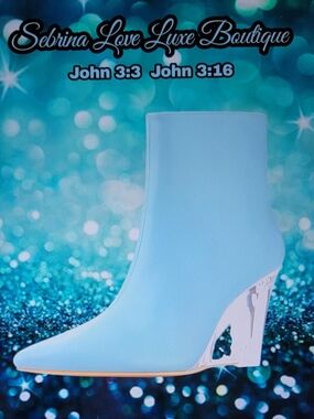 Sky Ocean Blue Pointed Toe Clear Wedge Heel Ankle Boots